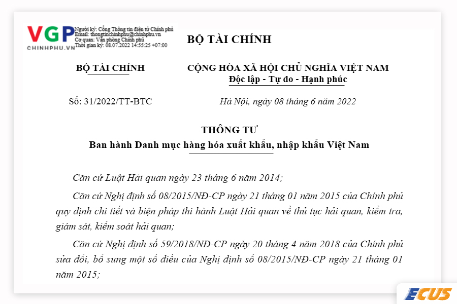 Văn bản nền tảng DMHHXNK Việt Nam đang áp dụng là Thông tư 31/2022/TT-BTC của Bộ Tài chính.