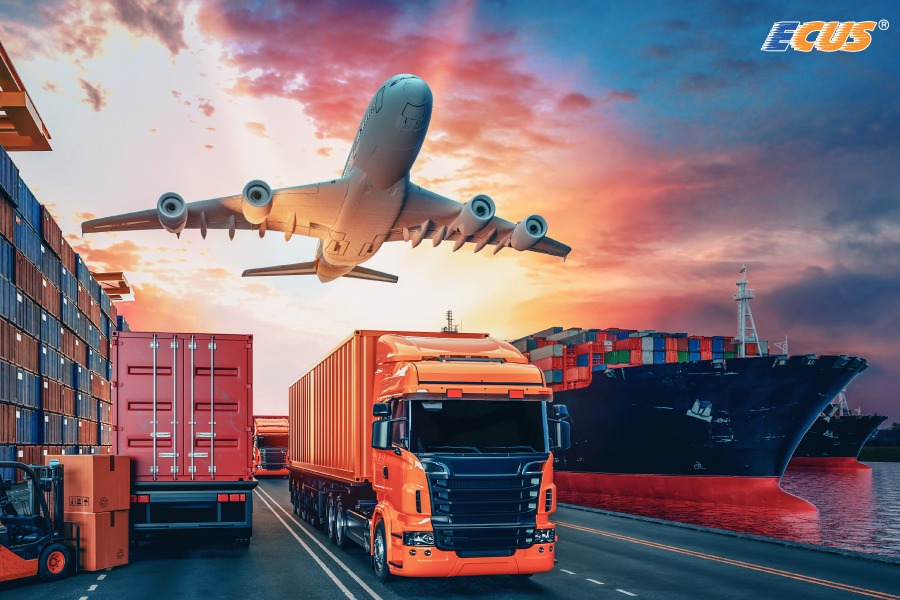 Phương tiện vận tải và Container hàng hóa nhập khẩu tại cảng biển.