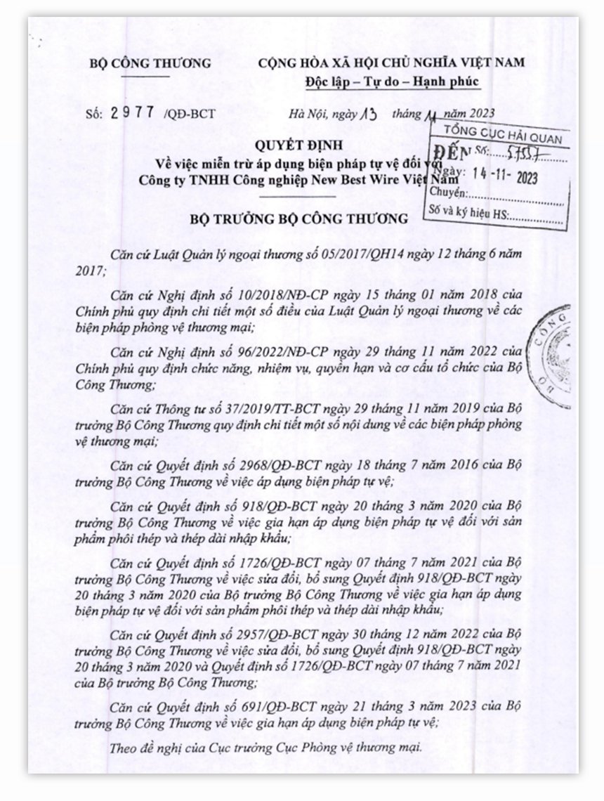 Quyết định số 2977/QĐ-BCT của Bộ Công thương