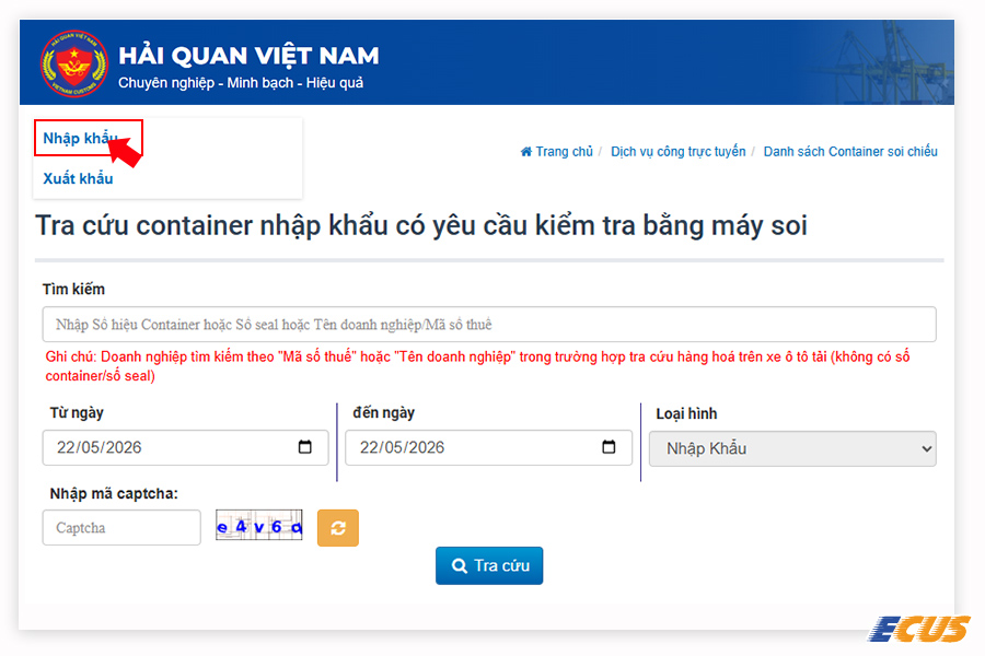 Trang tra cứu container có yêu cầu kiểm tra bằng máy soi