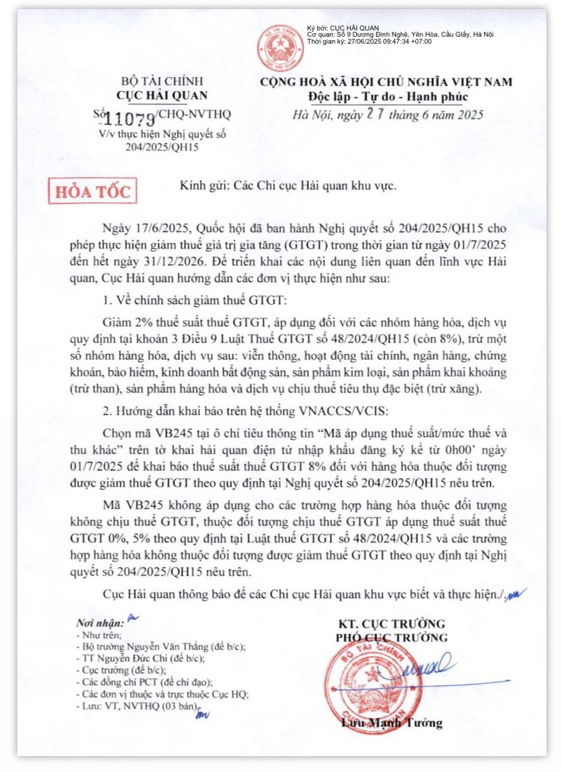 Công văn hỏa tốc 11079/CHQ-NVTHQ ngày 27/6/2025