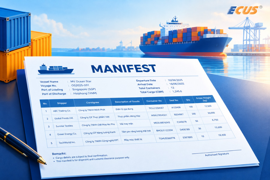 Tờ Manifest các thông tin về phương tiện vận tải, hàng hóa, số lượng, kích thước.