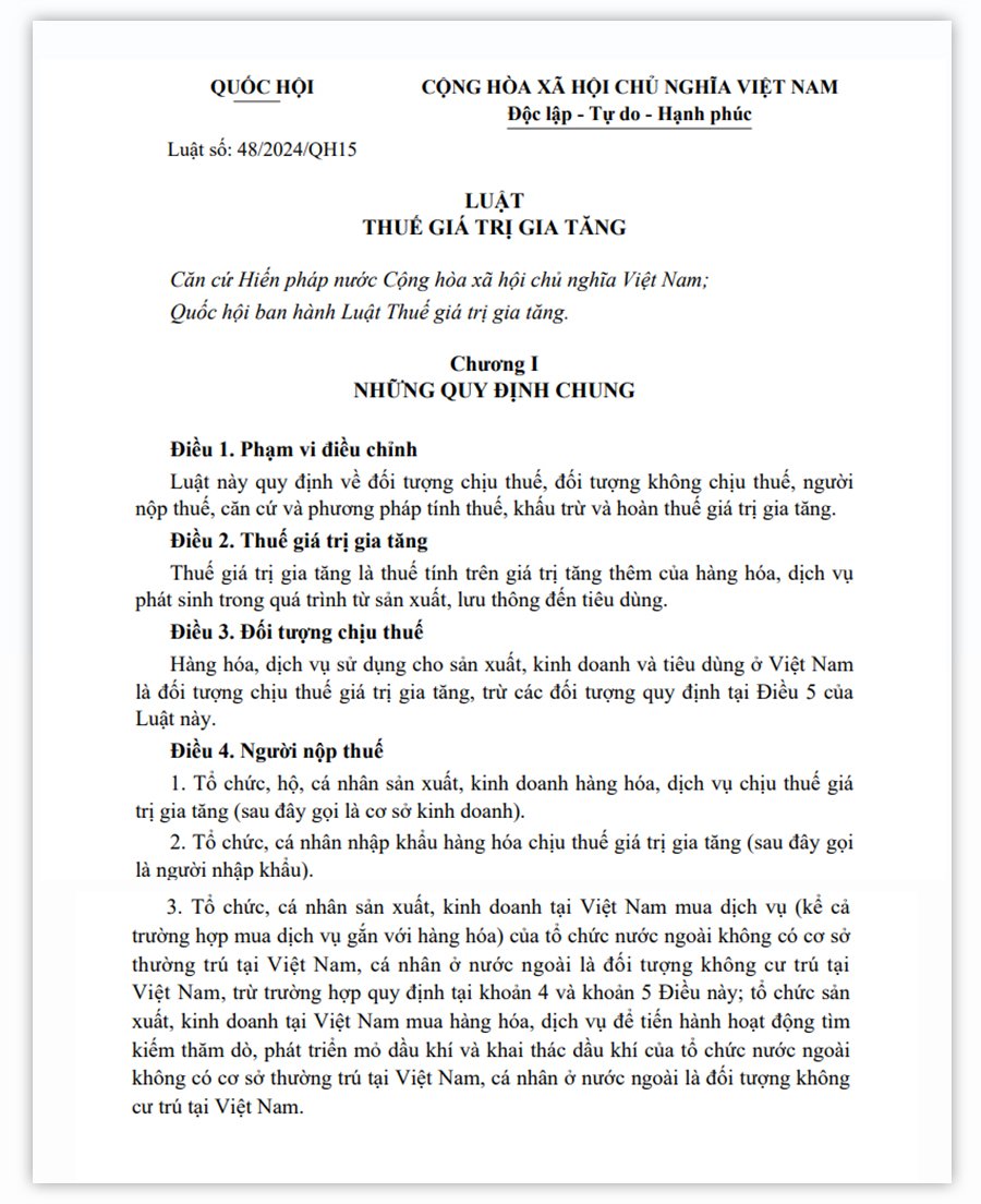 Luật Thuế giá trị gia tăng (GTGT) năm 2024 Luật số 48/2024/QH15 của Quốc hội