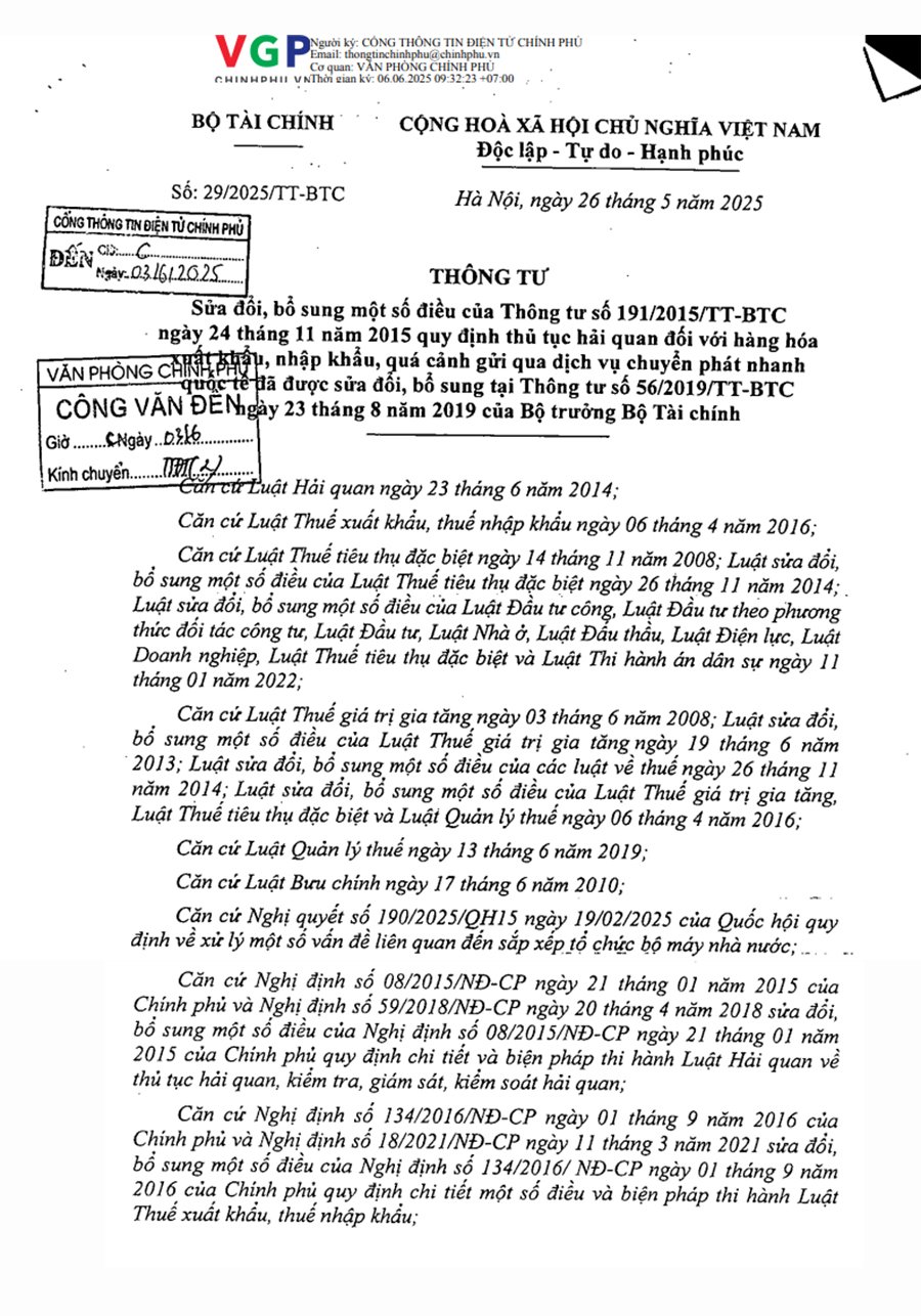 Thông tư số 29/2025/TT-BTC của Bộ Tài chính