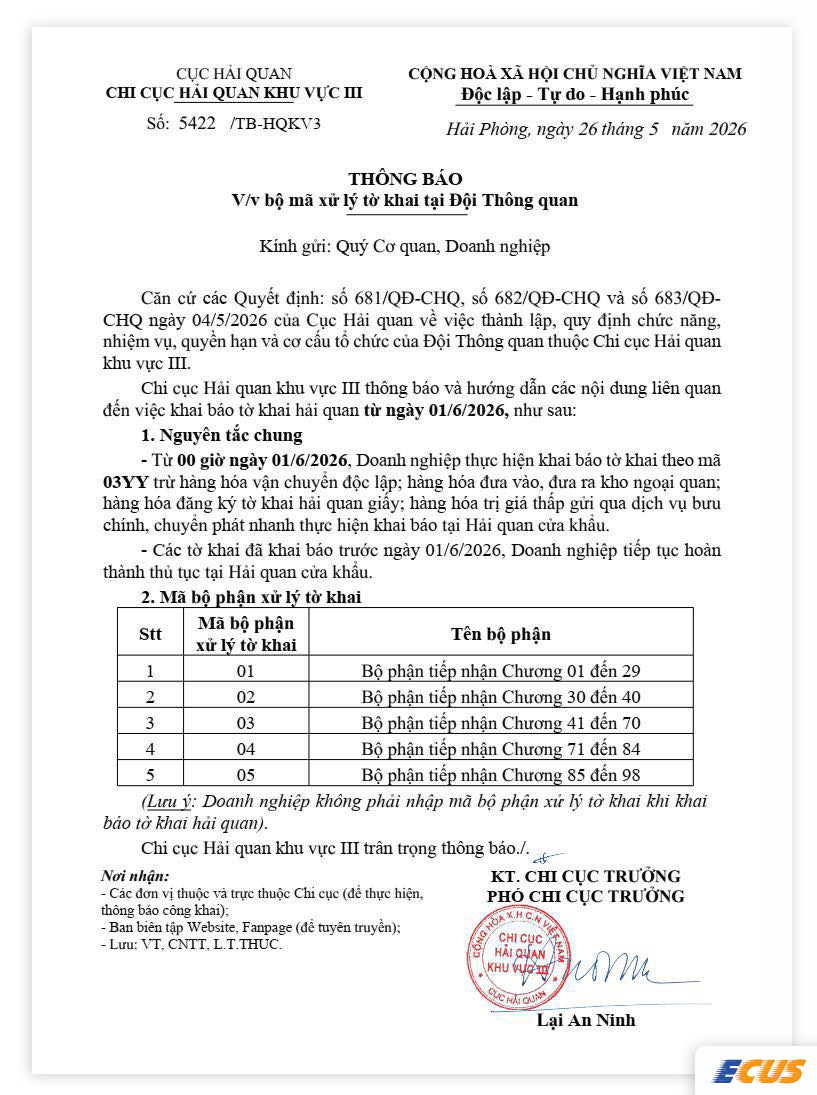 Nội dung thông báo 5422/TB-HQKV3.