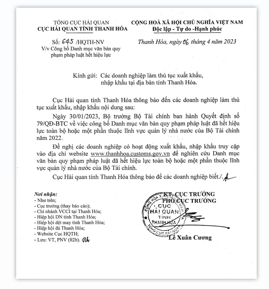 Thông báo số 645/HQTH-NV của Cục hải quan Thanh hóa